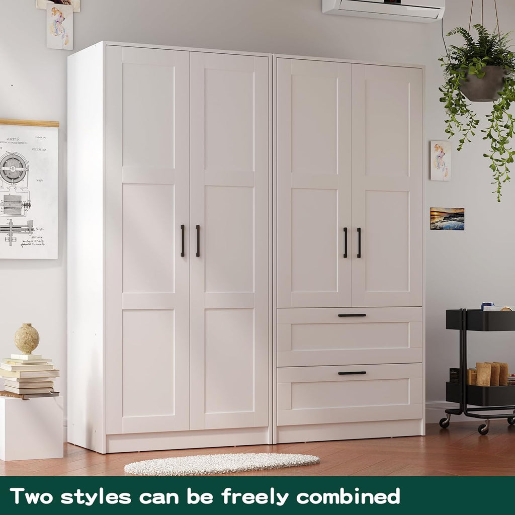 Fddevelop Wood White Wardrobe Closet with 2 Doors，Bedroom Freestanding Armoire Storage Cabinet with Shelves，Wooden Wardrobe Combination for Hanging Clothes (White) - Grand Goldman