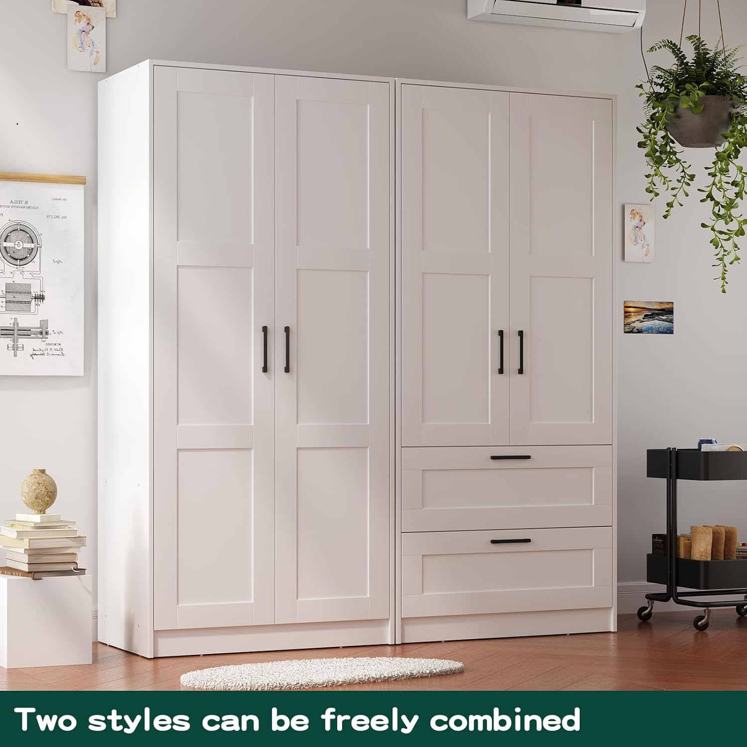 Fddevelop Wood White Wardrobe Closet with 2 Doors，Bedroom Freestanding Armoire Storage Cabinet with Shelves，Wooden Wardrobe Combination for Hanging Clothes (White) - Grand Goldman