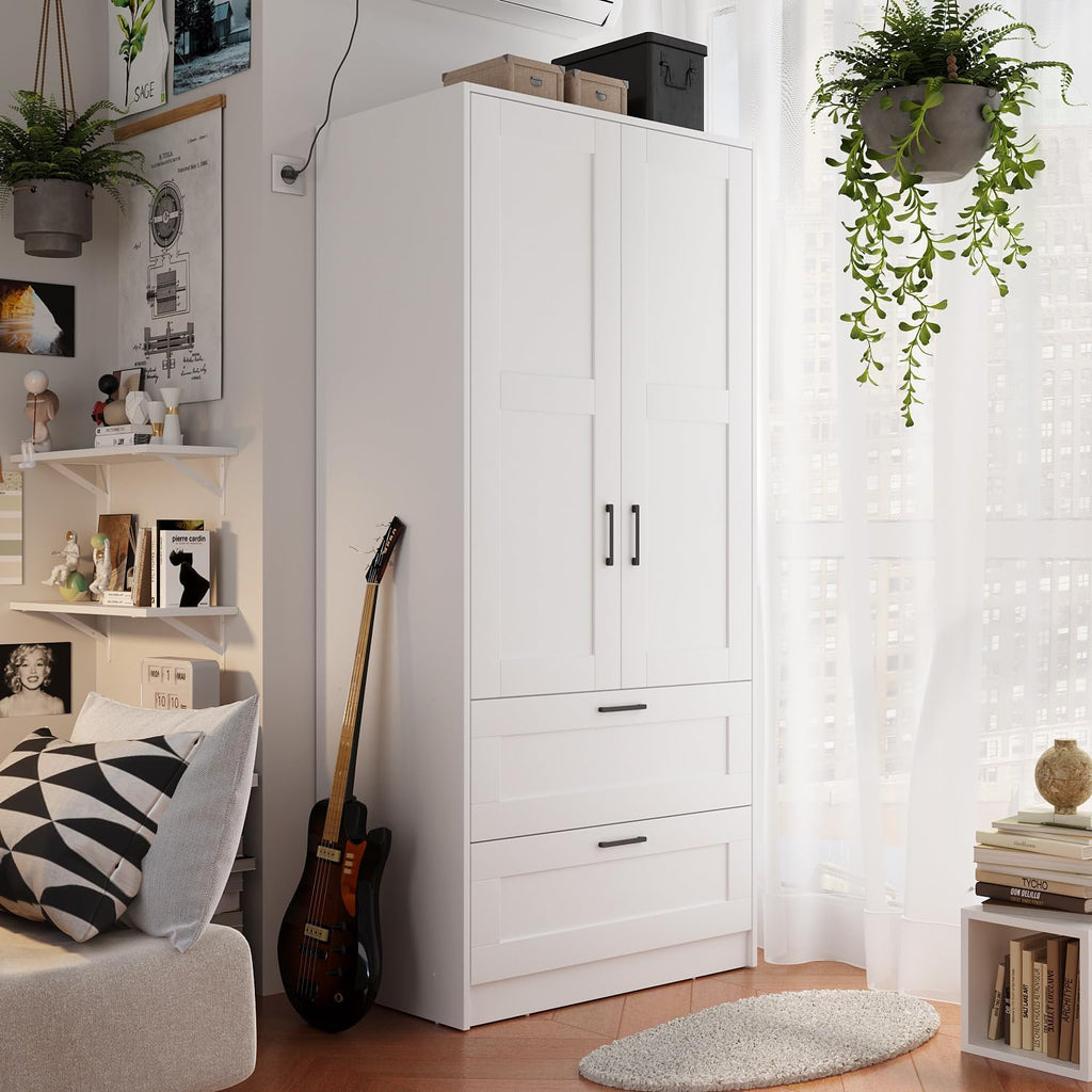 Fddevelop Wood White Wardrobe Closet with 2 Doors，Bedroom Freestanding Armoire Storage Cabinet with Shelves，Wooden Wardrobe Combination for Hanging Clothes (White) - Grand Goldman