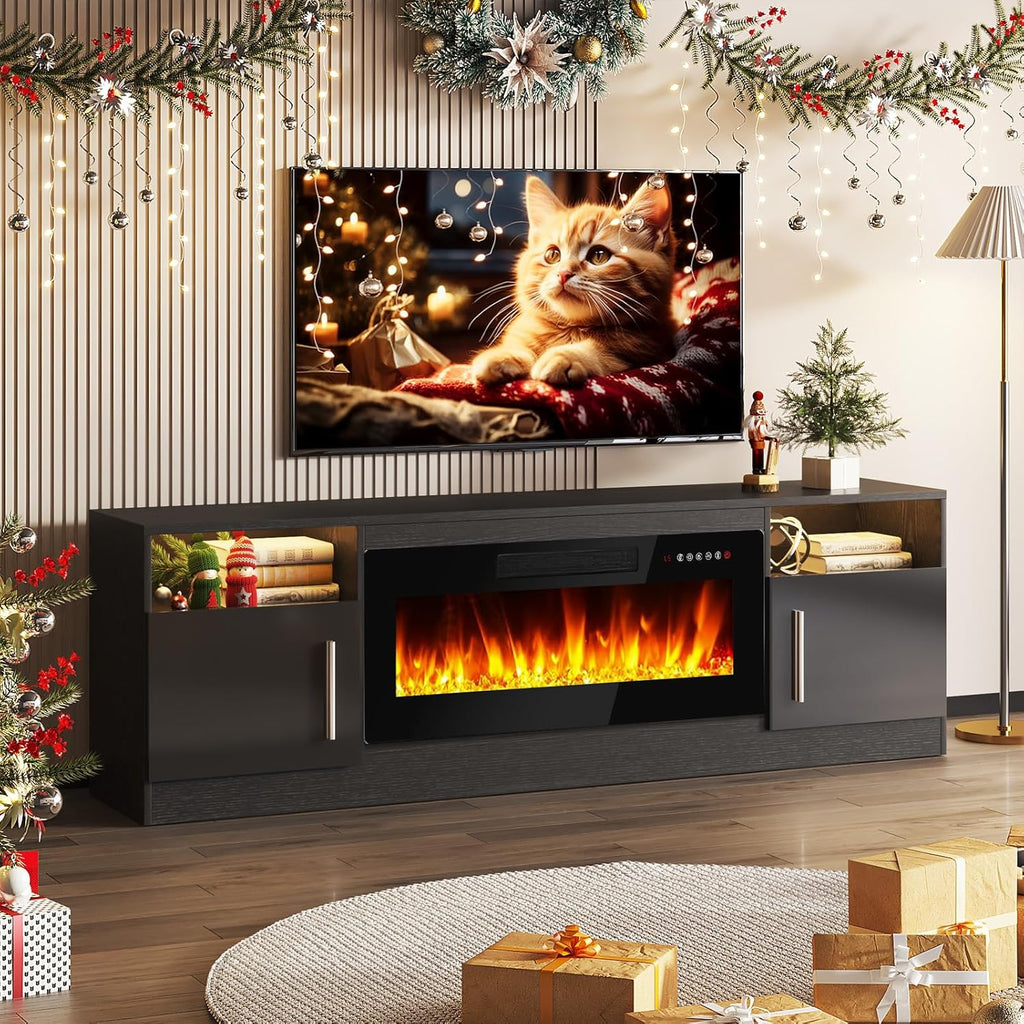 Fireplace TV Stand Entertainment Center with 36" Fireplace, 70" Wooden TV Stand for TVs Up to 80",Media TV Console with High Gloss Storage Cabinet and 16 Colors LED Lights (Black) - Grand Goldman