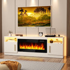 Fireplace TV Stand Entertainment Center with 36" Fireplace, 70" Wooden TV Stand for TVs Up to 80",Media TV Console with High Gloss Storage Cabinet and 16 Colors LED Lights (Black) - Grand Goldman