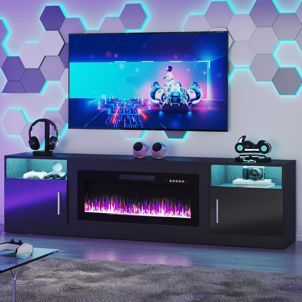 Fireplace TV Stand Entertainment Center with 36" Fireplace, 70" Wooden TV Stand for TVs Up to 80",Media TV Console with High Gloss Storage Cabinet and 16 Colors LED Lights (Black) - Grand Goldman