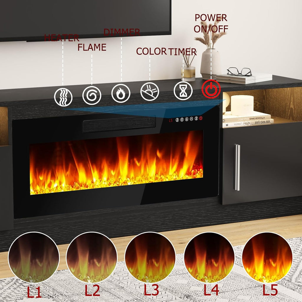 Fireplace TV Stand Entertainment Center with 36" Fireplace, 70" Wooden TV Stand for TVs Up to 80",Media TV Console with High Gloss Storage Cabinet and 16 Colors LED Lights (Black) - Grand Goldman