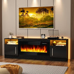 Fireplace TV Stand Entertainment Center with 36" Fireplace, 70" Wooden TV Stand for TVs Up to 80",Media TV Console with High Gloss Storage Cabinet and 16 Colors LED Lights (Black) - Grand Goldman