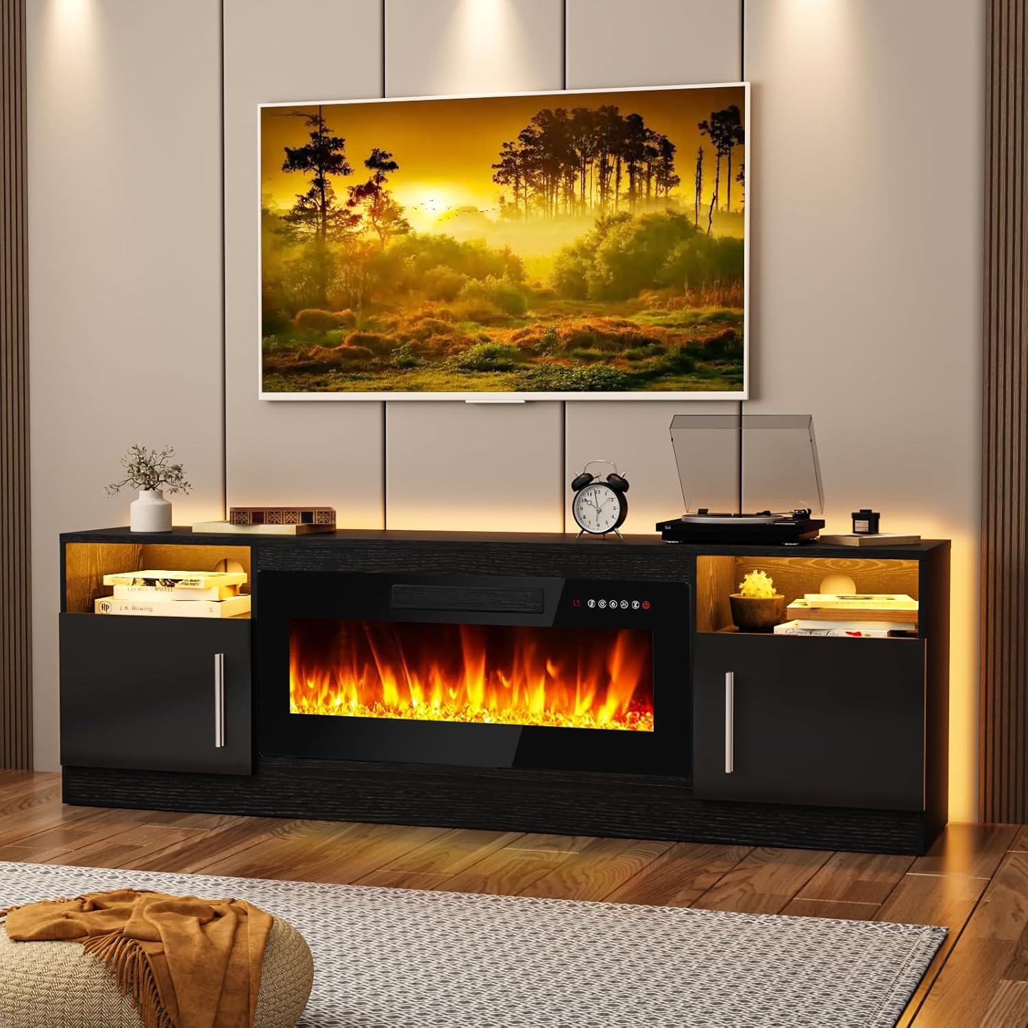 Fireplace TV Stand Entertainment Center with 36" Fireplace, 70" Wooden TV Stand for TVs Up to 80",Media TV Console with High Gloss Storage Cabinet and 16 Colors LED Lights (Black) - Grand Goldman