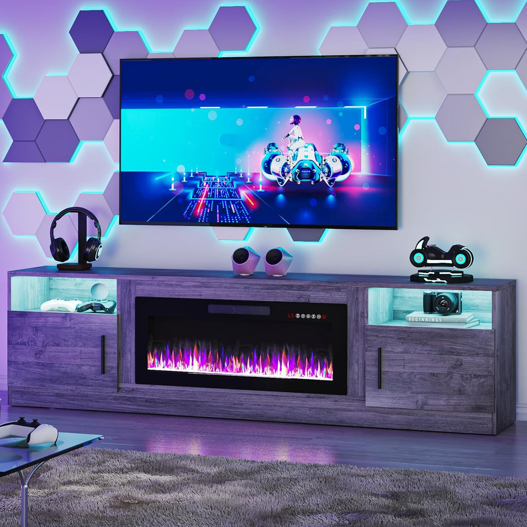 Fireplace TV Stand Entertainment Center with 36" Fireplace, 70" Wooden TV Stand for TVs Up to 80",Media TV Console with High Gloss Storage Cabinet and 16 Colors LED Lights (Black) - Grand Goldman