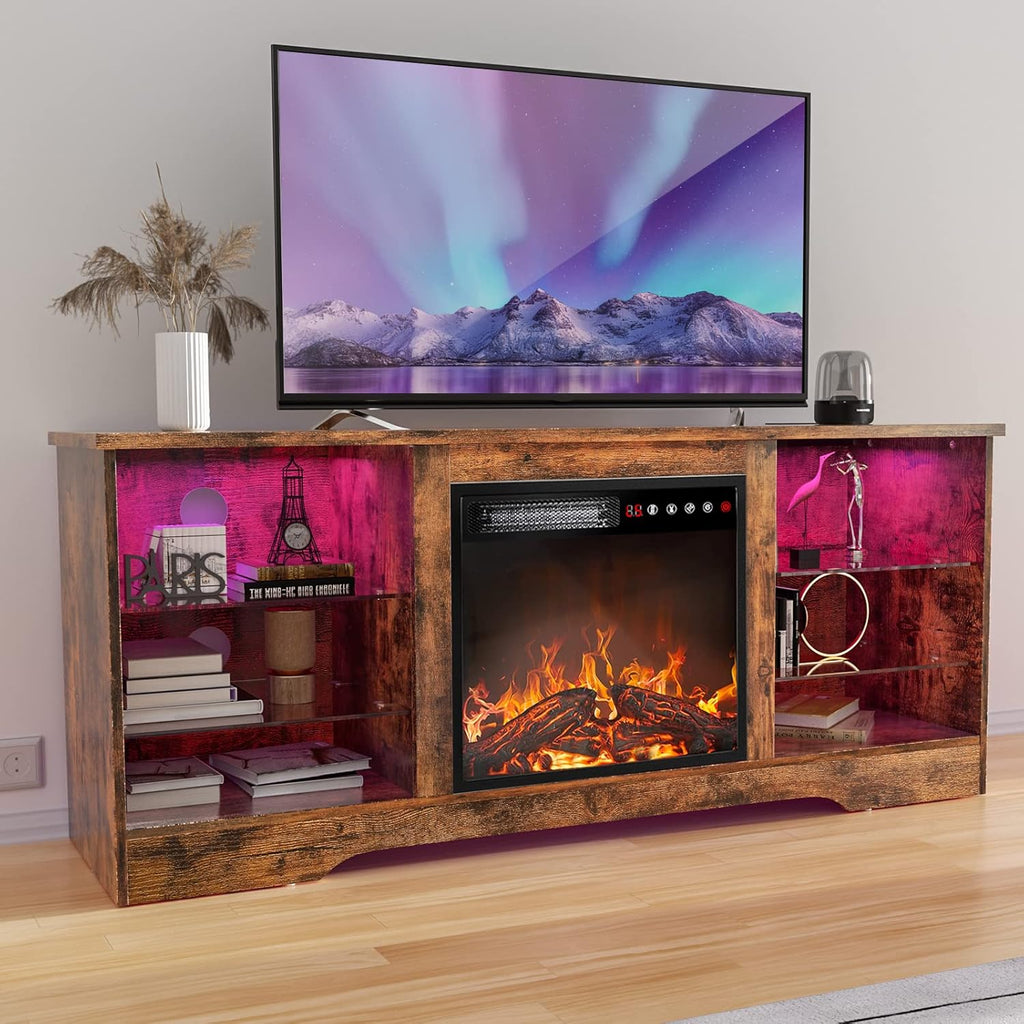 Fireplace TV Stand Entertainment Center with 36" Fireplace, 70" Wooden TV Stand for TVs Up to 80",Media TV Console with High Gloss Storage Cabinet and 16 Colors LED Lights (Black) - Grand Goldman