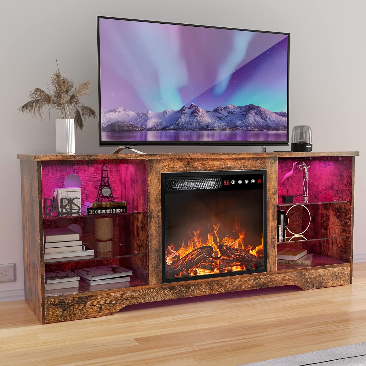Fireplace TV Stand Entertainment Center with 36" Fireplace, 70" Wooden TV Stand for TVs Up to 80",Media TV Console with High Gloss Storage Cabinet and 16 Colors LED Lights (Black) - Grand Goldman