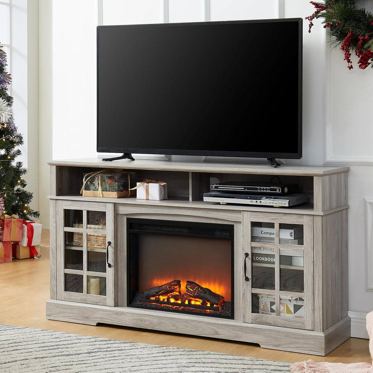 Fireplace TV Stand for Television up to 65", Entertainment Center with Storage Cabinet and Shelves, 23'' Electric Fireplace with Adjustable Warmth for Living Room/Bedroom, White - Grand Goldman