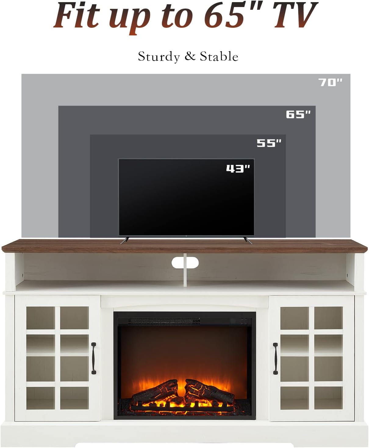 Fireplace TV Stand for Television up to 65", Entertainment Center with Storage Cabinet and Shelves, 23'' Electric Fireplace with Adjustable Warmth for Living Room/Bedroom, White - Grand Goldman