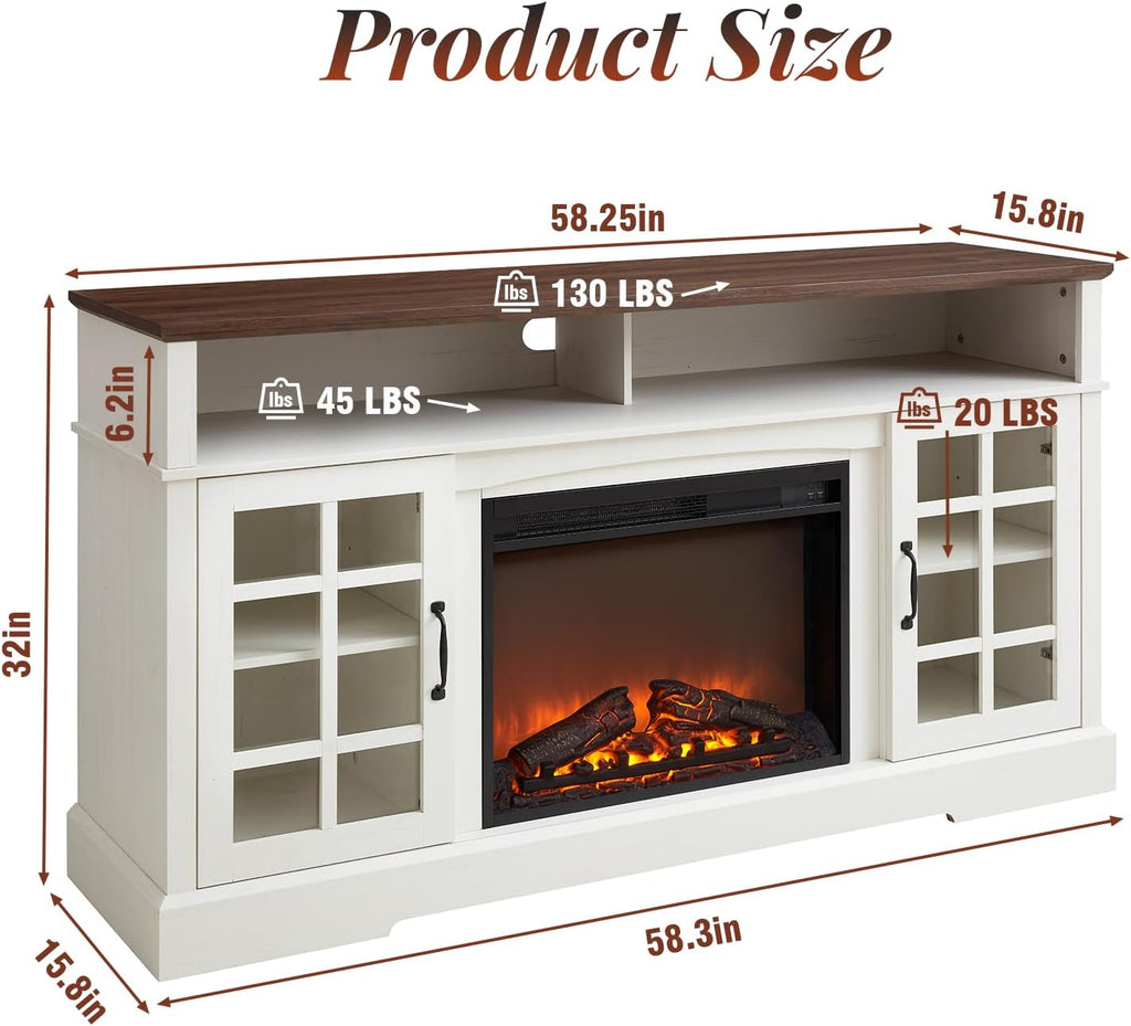 Fireplace TV Stand for Television up to 65", Entertainment Center with Storage Cabinet and Shelves, 23'' Electric Fireplace with Adjustable Warmth for Living Room/Bedroom, White - Grand Goldman