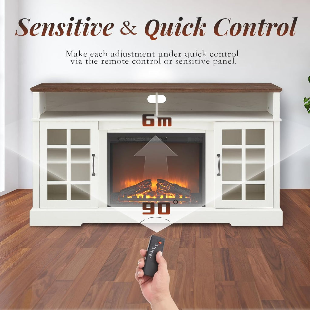 Fireplace TV Stand for Television up to 65", Entertainment Center with Storage Cabinet and Shelves, 23'' Electric Fireplace with Adjustable Warmth for Living Room/Bedroom, White - Grand Goldman