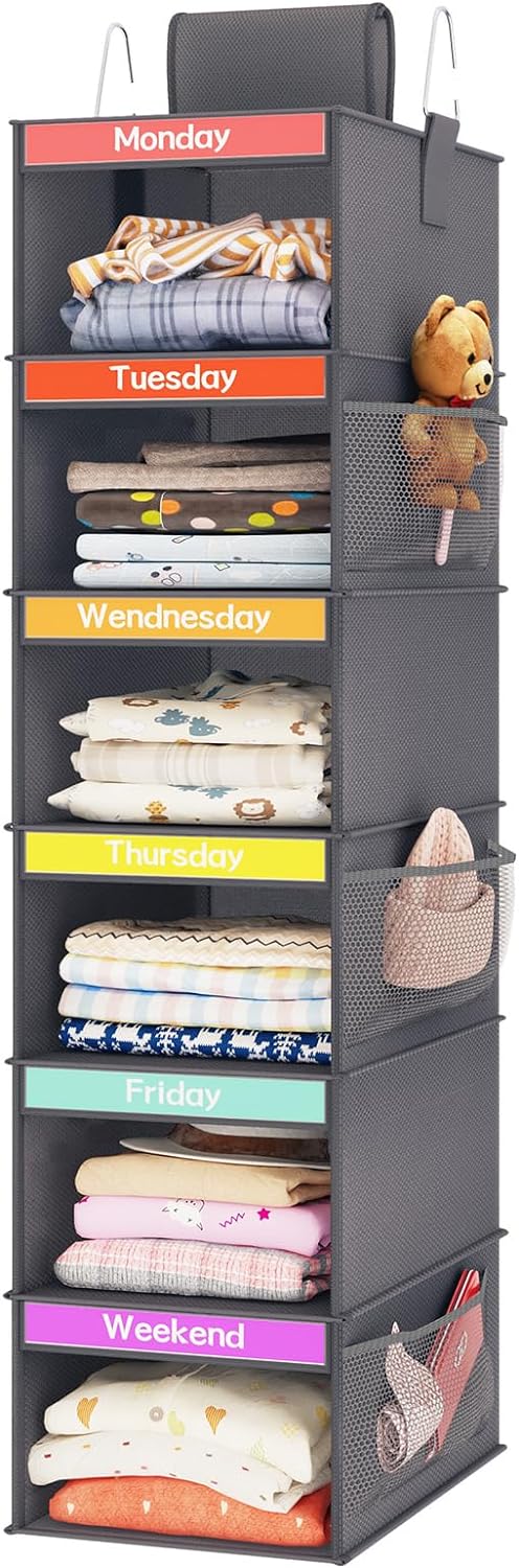 Fixwal 6-Shelf Weekly Clothes Organizer for Kids, Kids Daily Shelf Hanging Closet Organizer with 6 Side Pockets, Days of The Week Hanging Storage Shelves (Dark Grey) - Grand Goldman
