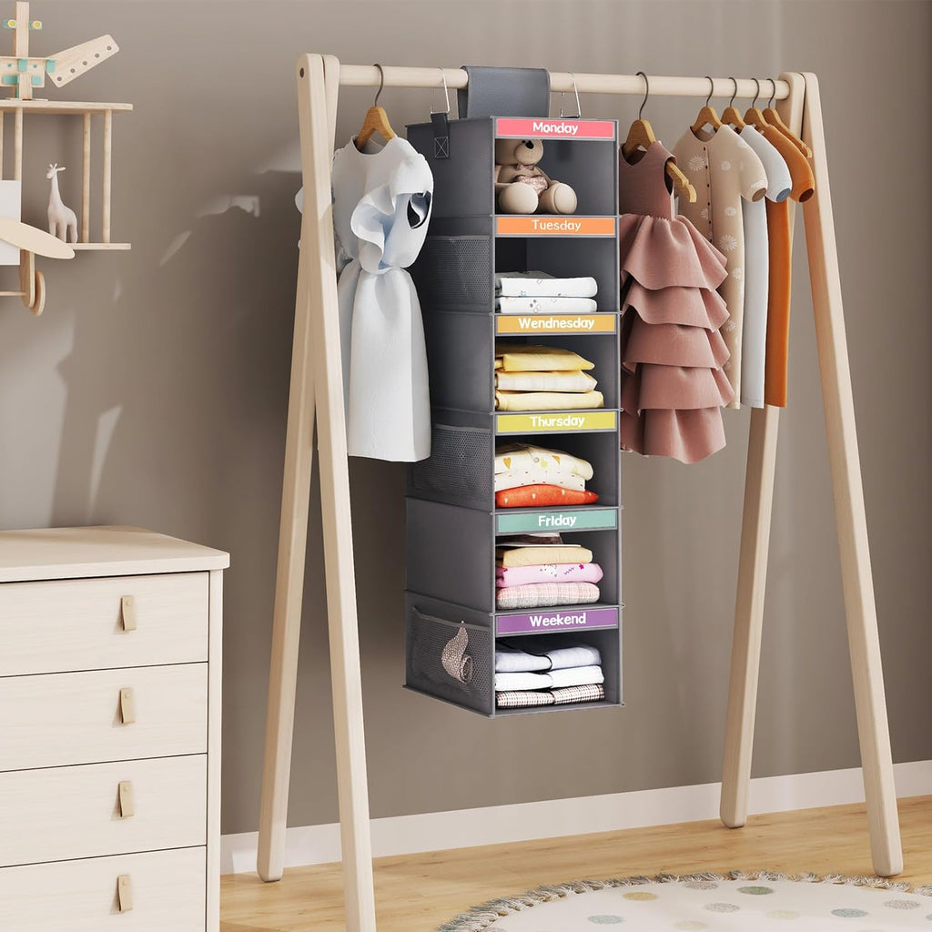 Fixwal 6-Shelf Weekly Clothes Organizer for Kids, Kids Daily Shelf Hanging Closet Organizer with 6 Side Pockets, Days of The Week Hanging Storage Shelves (Dark Grey) - Grand Goldman