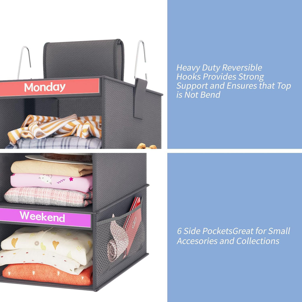 Fixwal 6-Shelf Weekly Clothes Organizer for Kids, Kids Daily Shelf Hanging Closet Organizer with 6 Side Pockets, Days of The Week Hanging Storage Shelves (Dark Grey) - Grand Goldman