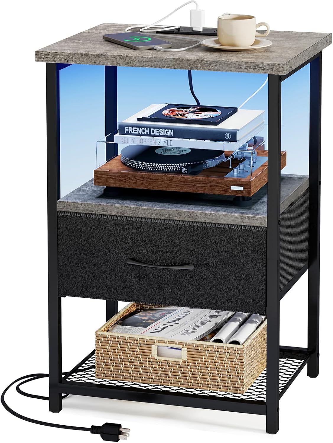 Fixwal Night Stand with Charging Station, LED Nightstand with Fabric Drawers, End Table with PU Finish, Bedside Table, Black - Grand Goldman