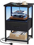 Fixwal Night Stand with Charging Station, LED Nightstand with Fabric Drawers, End Table with PU Finish, Bedside Table, Black - Grand Goldman