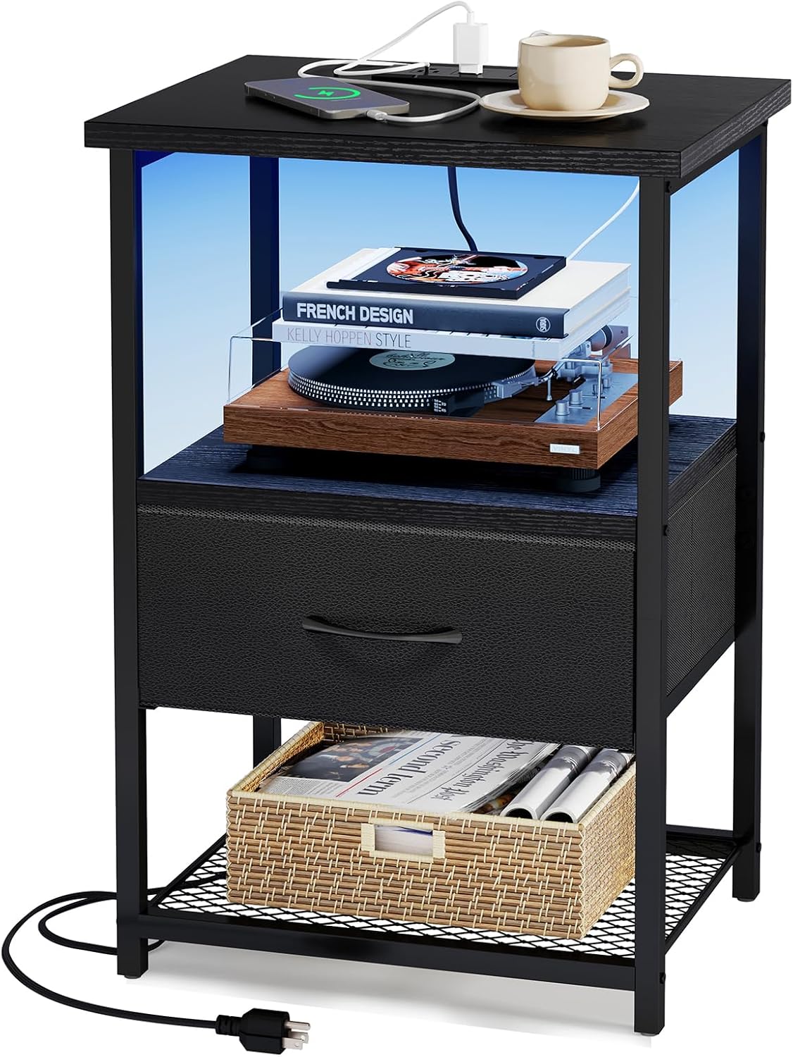 Fixwal Night Stand with Charging Station, LED Nightstand with Fabric Drawers, End Table with PU Finish, Bedside Table, Black - Grand Goldman