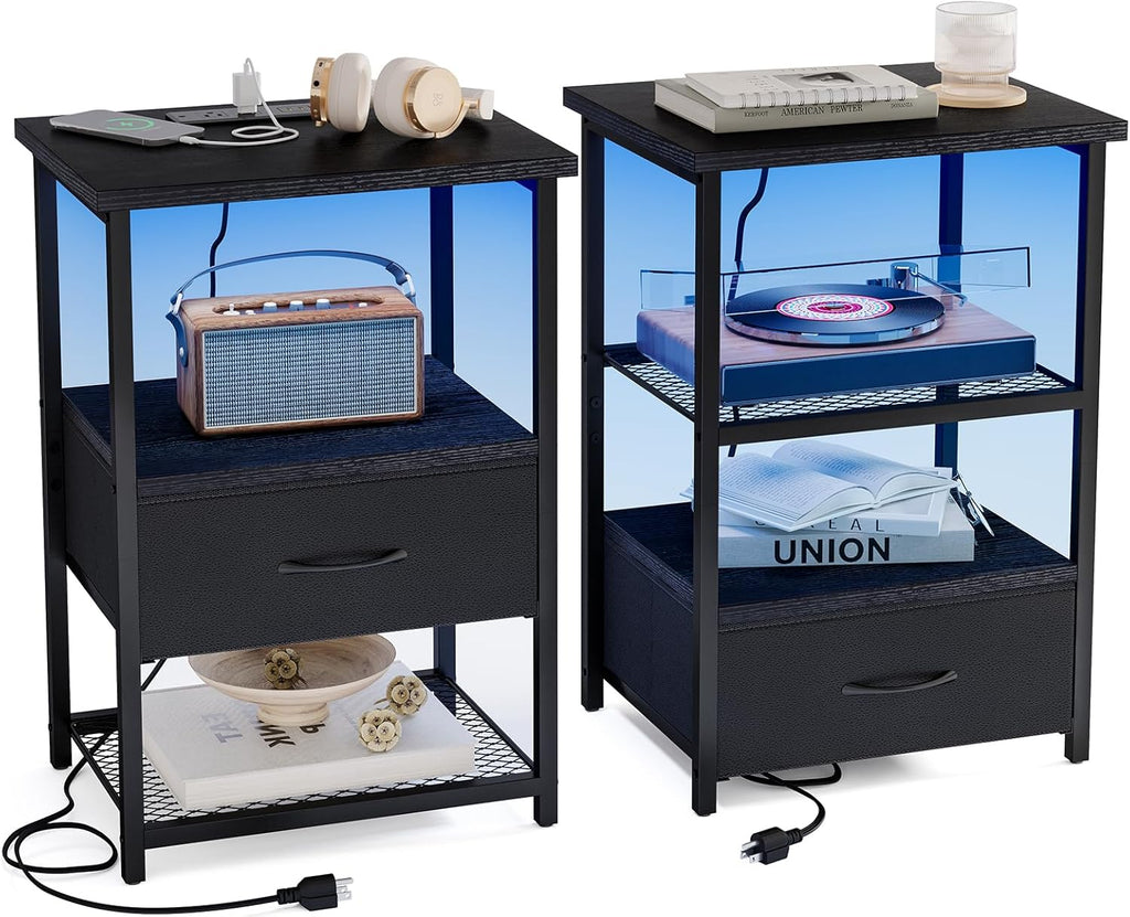 Fixwal Night Stand with Charging Station, LED Nightstand with Fabric Drawers, End Table with PU Finish, Bedside Table, Black - Grand Goldman