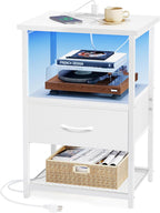 Fixwal Night Stand with Charging Station, LED Nightstand with Fabric Drawers, End Table with PU Finish, Bedside Table, Black - Grand Goldman