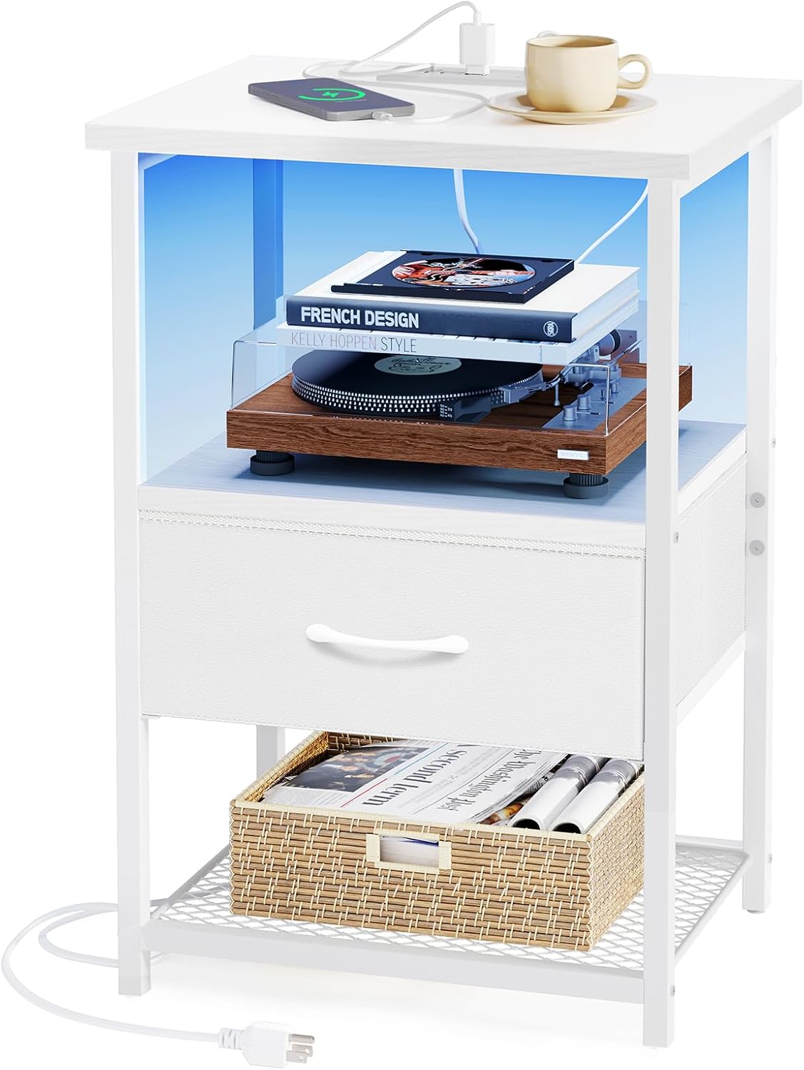 Fixwal Night Stand with Charging Station, LED Nightstand with Fabric Drawers, End Table with PU Finish, Bedside Table, Black - Grand Goldman