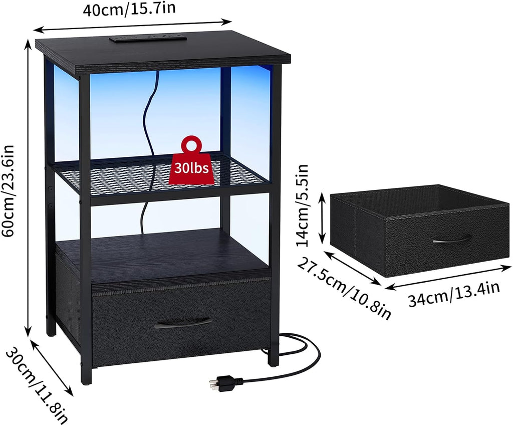 Fixwal Night Stand with Charging Station, LED Nightstand with Fabric Drawers, End Table with PU Finish, Bedside Table, Black - Grand Goldman