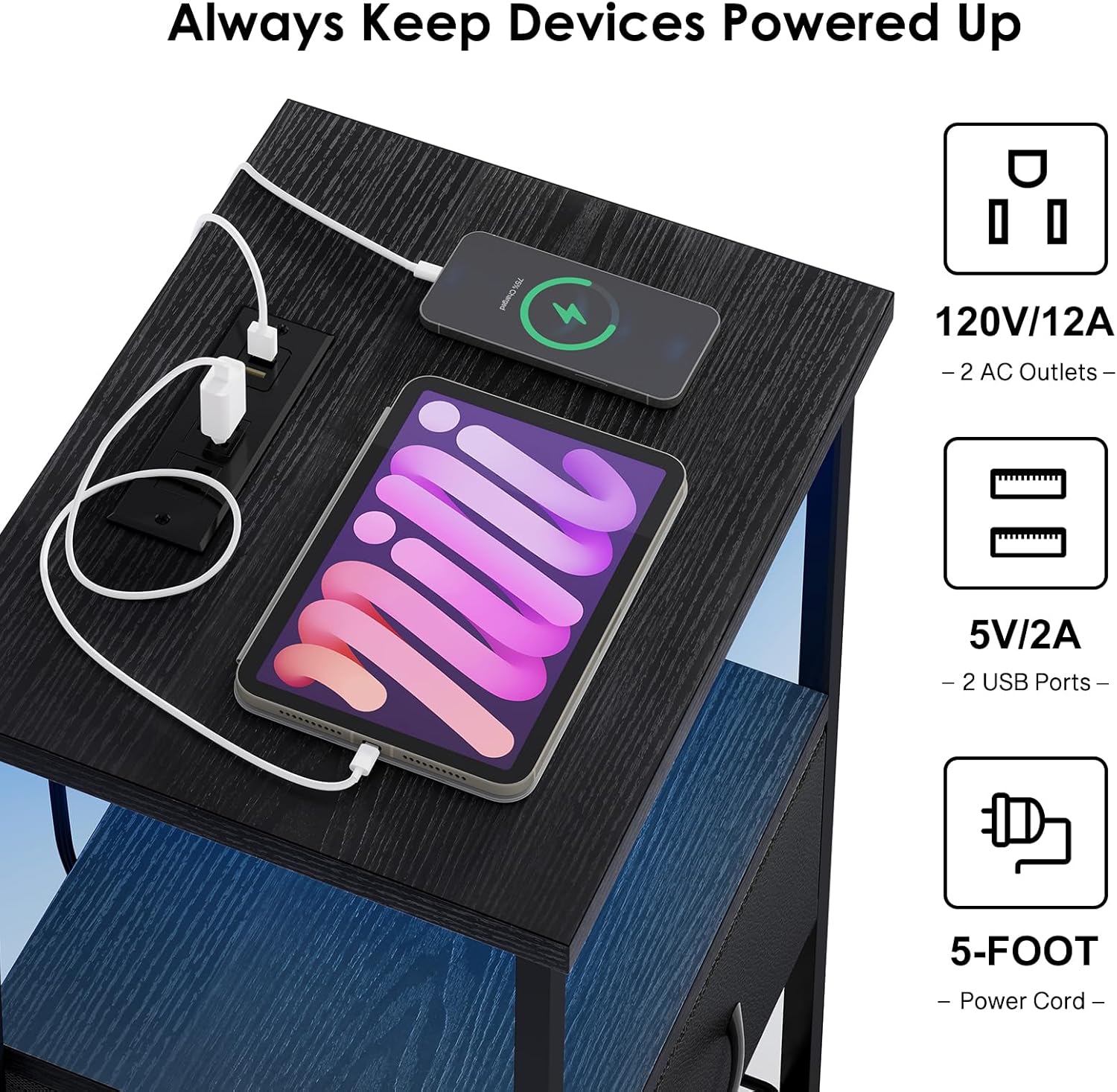 Fixwal Night Stand with Charging Station, LED Nightstand with Fabric Drawers, End Table with PU Finish, Bedside Table, Black - Grand Goldman