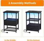 Fixwal Night Stand with Charging Station, LED Nightstand with Fabric Drawers, End Table with PU Finish, Bedside Table, Black - Grand Goldman