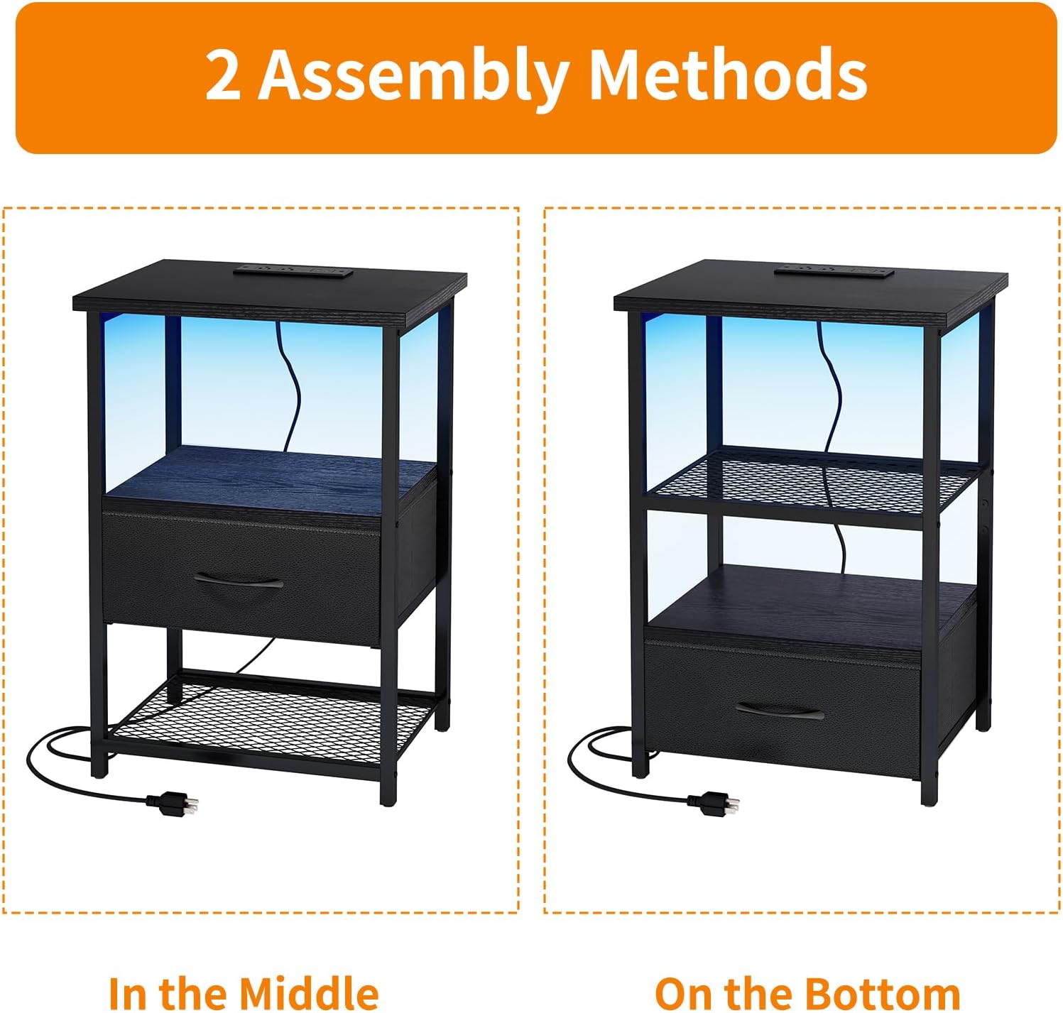 Fixwal Night Stand with Charging Station, LED Nightstand with Fabric Drawers, End Table with PU Finish, Bedside Table, Black - Grand Goldman