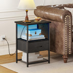 Fixwal Night Stand with Charging Station, LED Nightstand with Fabric Drawers, End Table with PU Finish, Bedside Table, Black - Grand Goldman