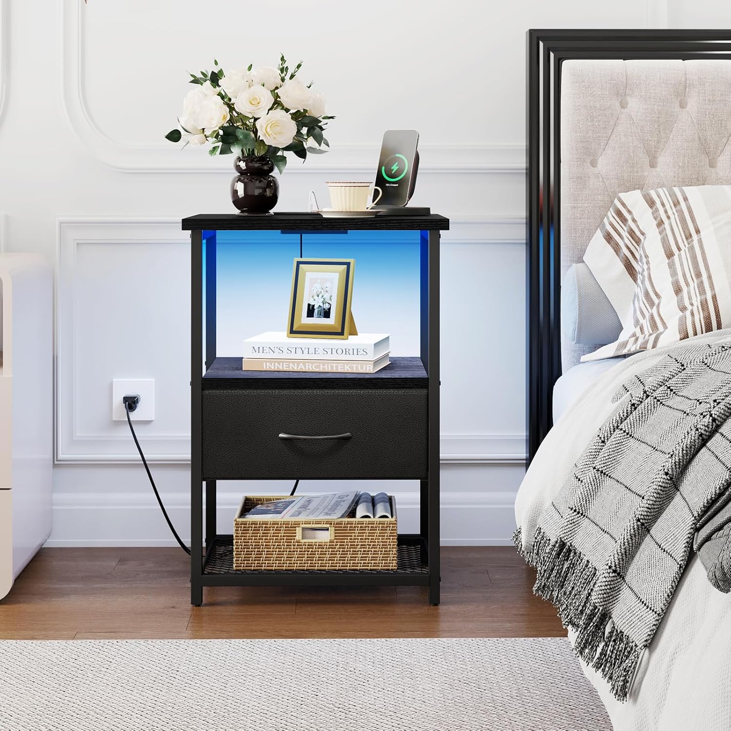 Fixwal Night Stand with Charging Station, LED Nightstand with Fabric Drawers, End Table with PU Finish, Bedside Table, Black - Grand Goldman