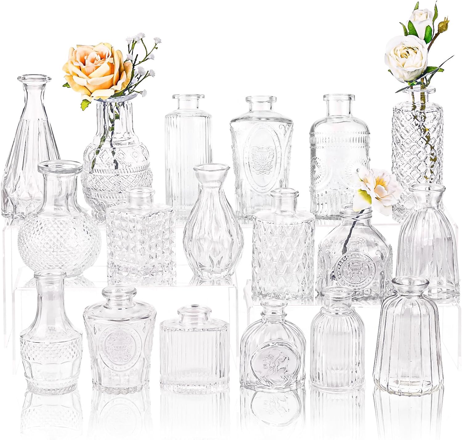 Fixwal Set of 5 Bud Vases, Small Vase for Flowers, Glass Vase for Home Decor, Wedding Decorations, Clear Flower Vases for Centerpieces, Vintage Vase for Home Decor - Grand Goldman