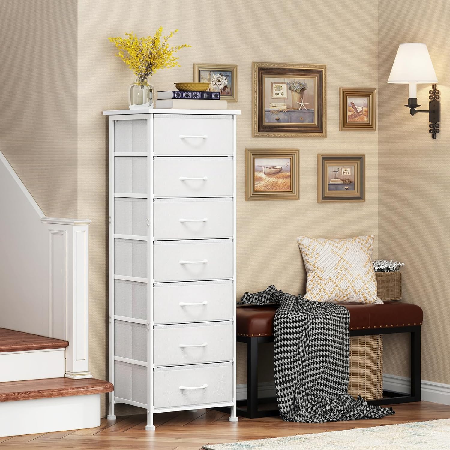 Fixwal White Tall Dresser for Bedroom, Storage Dresser Organizer with 7 Fabric Drawers, Nightstand Furniture in Closet, Entryway, Hallway - Grand Goldman