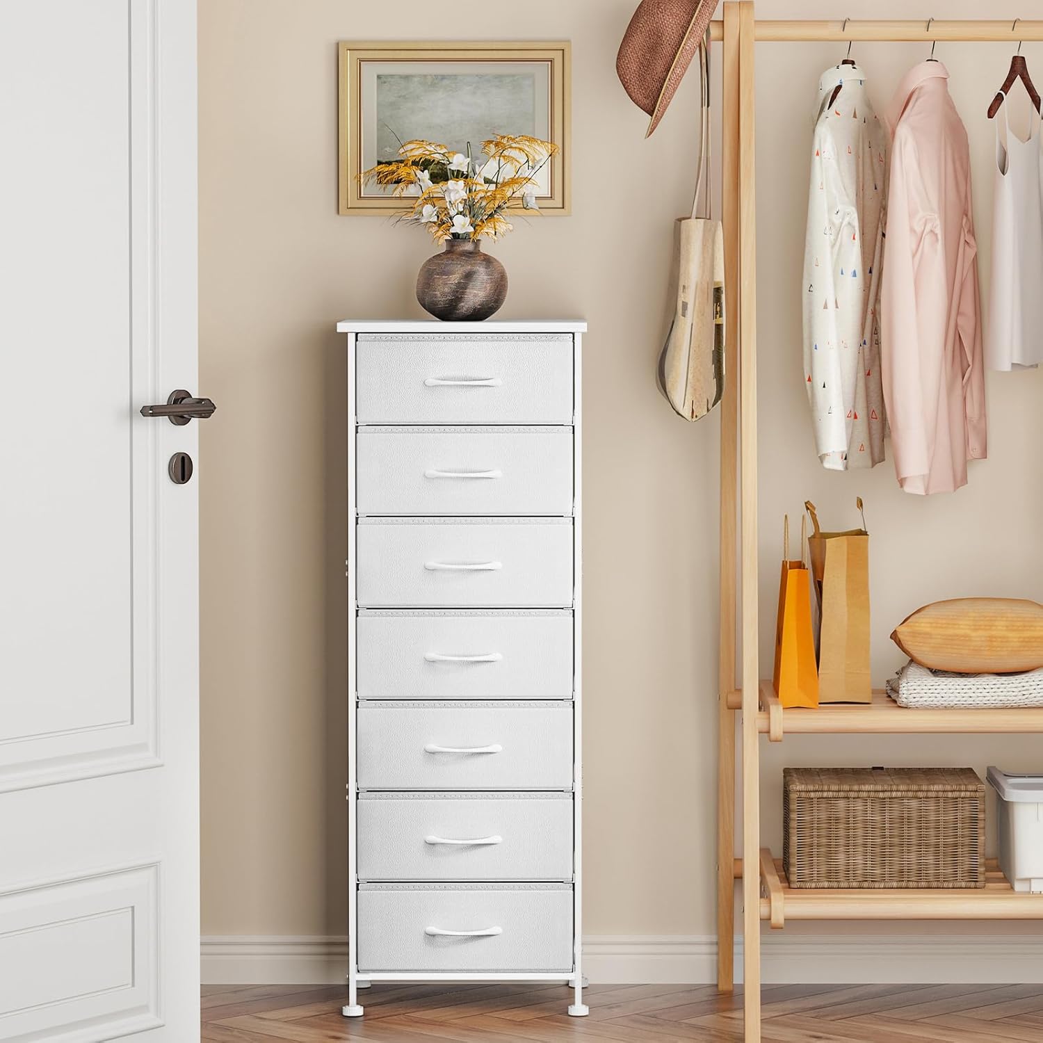 Fixwal White Tall Dresser for Bedroom, Storage Dresser Organizer with 7 Fabric Drawers, Nightstand Furniture in Closet, Entryway, Hallway - Grand Goldman