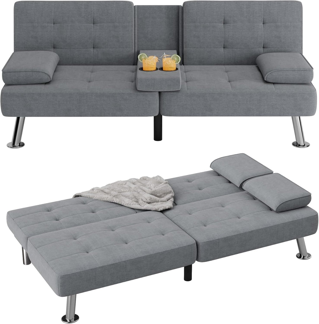 Flamaker Futon Sofa Bed Modern Folding Futon Set Convertible Recliner Lounge for Living Room with 2 Cup Holders, Removable Armrests (PU Leather, Black) - Grand Goldman