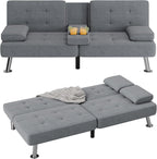 Flamaker Futon Sofa Bed Modern Folding Futon Set Convertible Recliner Lounge for Living Room with 2 Cup Holders, Removable Armrests (PU Leather, Black) - Grand Goldman