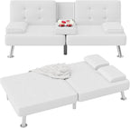 Flamaker Futon Sofa Bed Modern Folding Futon Set Convertible Recliner Lounge for Living Room with 2 Cup Holders, Removable Armrests (PU Leather, Black) - Grand Goldman