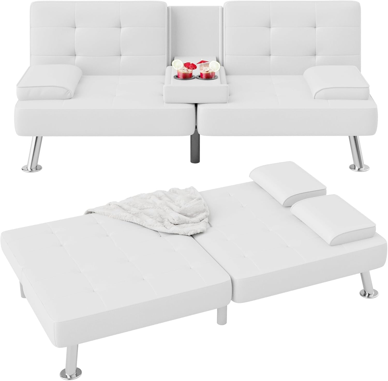 Flamaker Futon Sofa Bed Modern Folding Futon Set Convertible Recliner Lounge for Living Room with 2 Cup Holders, Removable Armrests (PU Leather, Black) - Grand Goldman