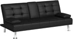 Flamaker Futon Sofa Bed Modern Folding Futon Set Convertible Recliner Lounge for Living Room with 2 Cup Holders, Removable Armrests (PU Leather, Black) - Grand Goldman