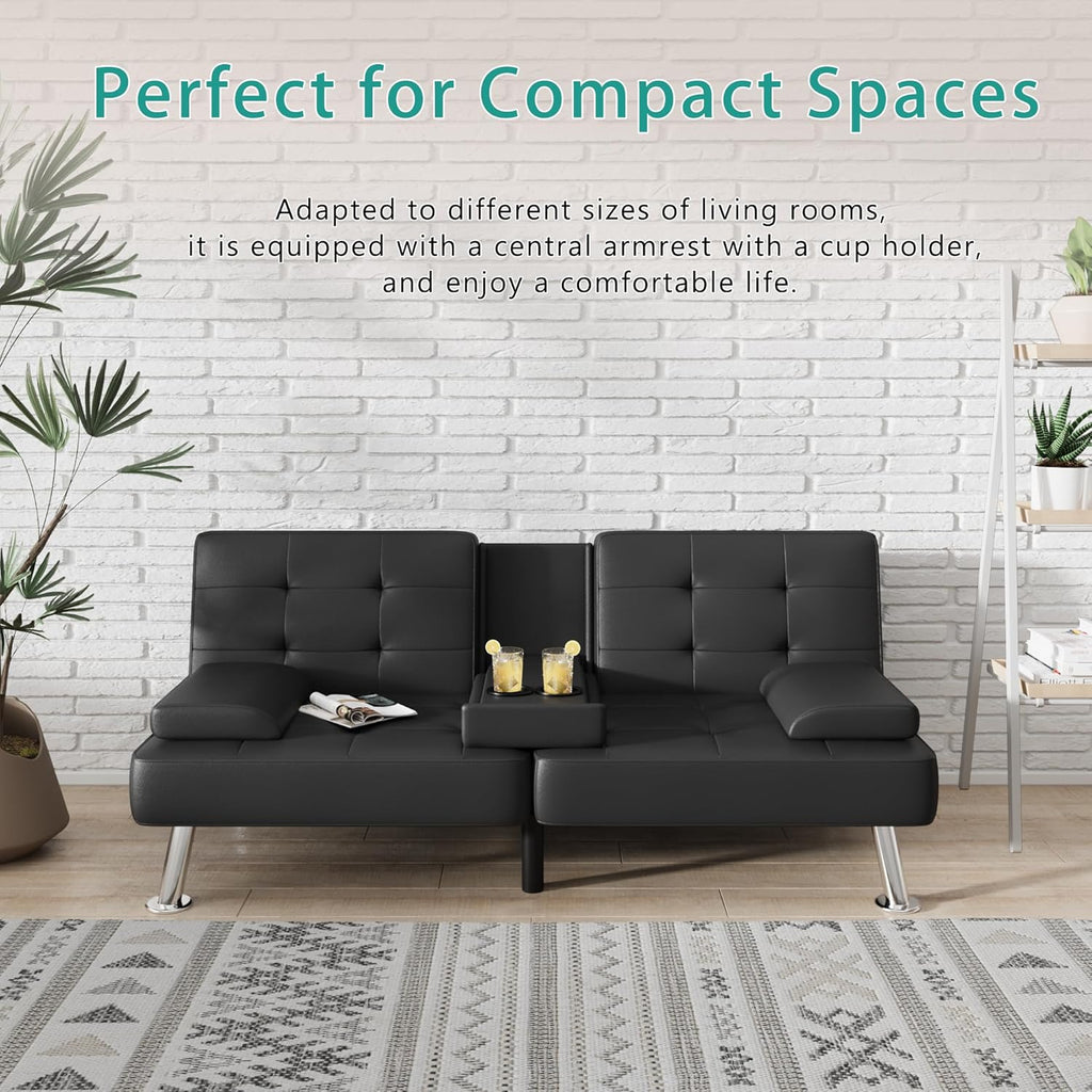 Flamaker Futon Sofa Bed Modern Folding Futon Set Convertible Recliner Lounge for Living Room with 2 Cup Holders, Removable Armrests (PU Leather, Black) - Grand Goldman