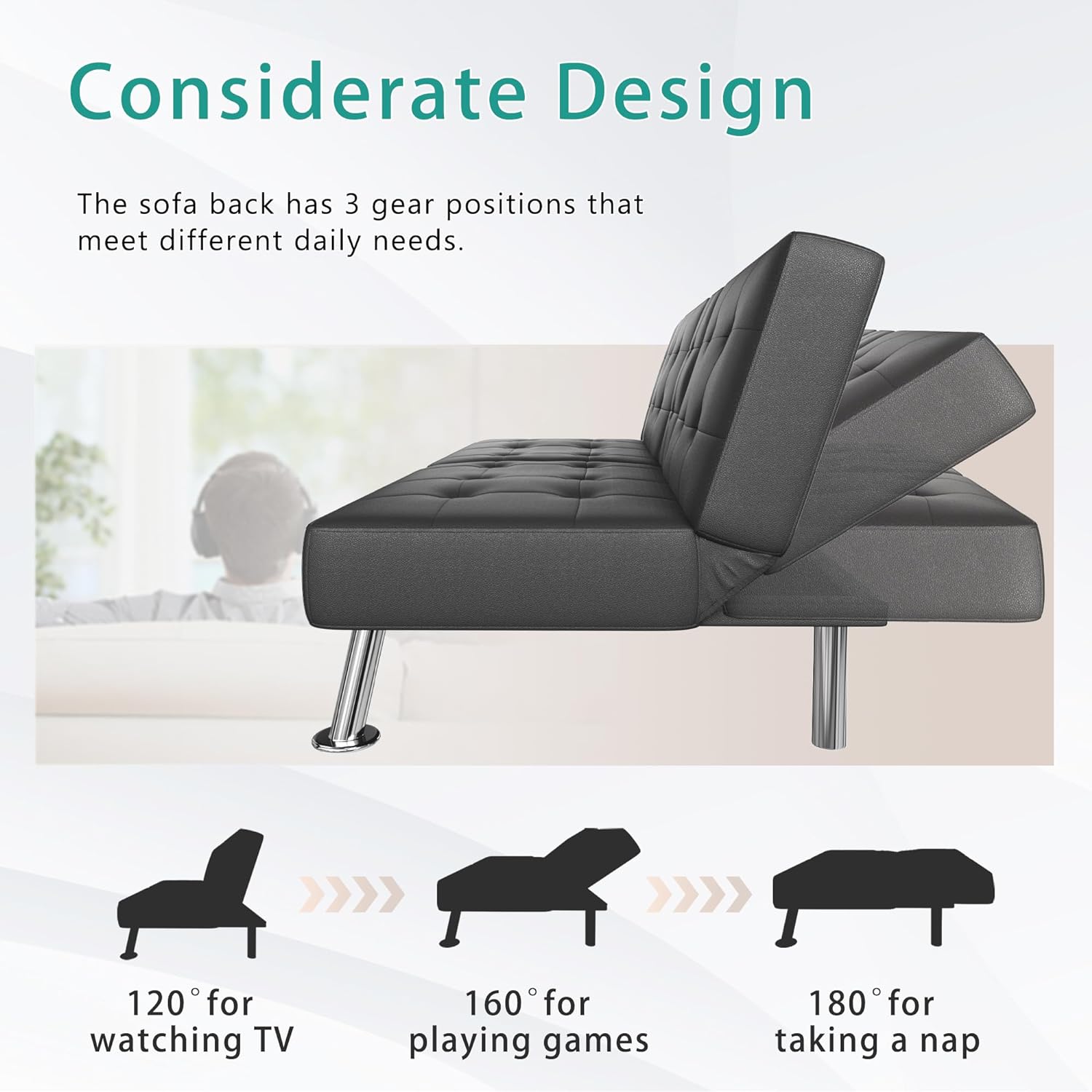 Flamaker Futon Sofa Bed Modern Folding Futon Set Convertible Recliner Lounge for Living Room with 2 Cup Holders, Removable Armrests (PU Leather, Black) - Grand Goldman