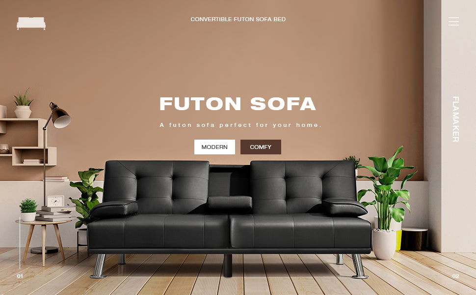 Flamaker Futon Sofa Bed Modern Folding Futon Set Convertible Recliner Lounge for Living Room with 2 Cup Holders, Removable Armrests (PU Leather, Black) - Grand Goldman