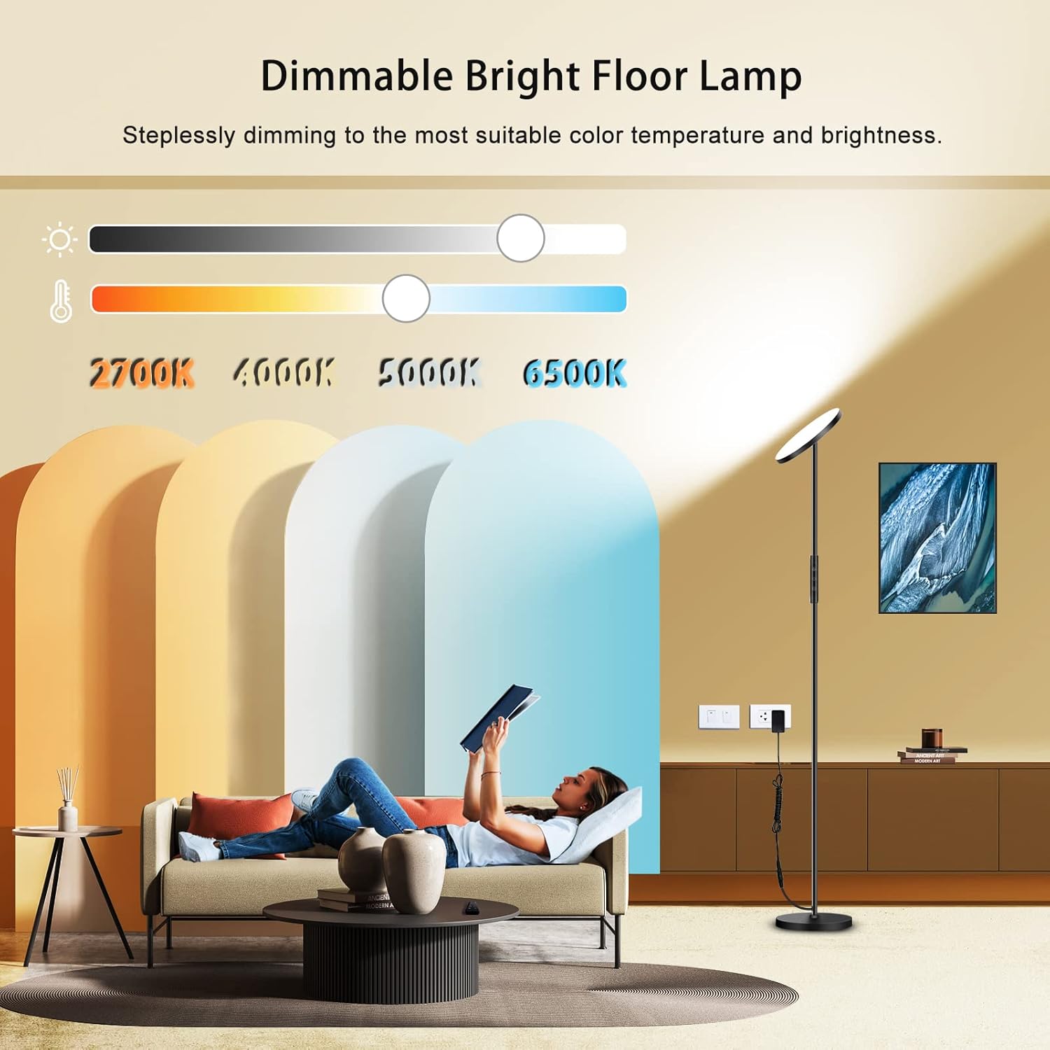 Floor Lamp, 2400LM Super Bright LED Lamps for Living Room 250W Equivalent, Tall Standing Lamp with Remote/Touch Control, Torchiere Bedroom Lamp with 2700K-6500K Stepless Dimmable for Modern Room Decor - Grand Goldman