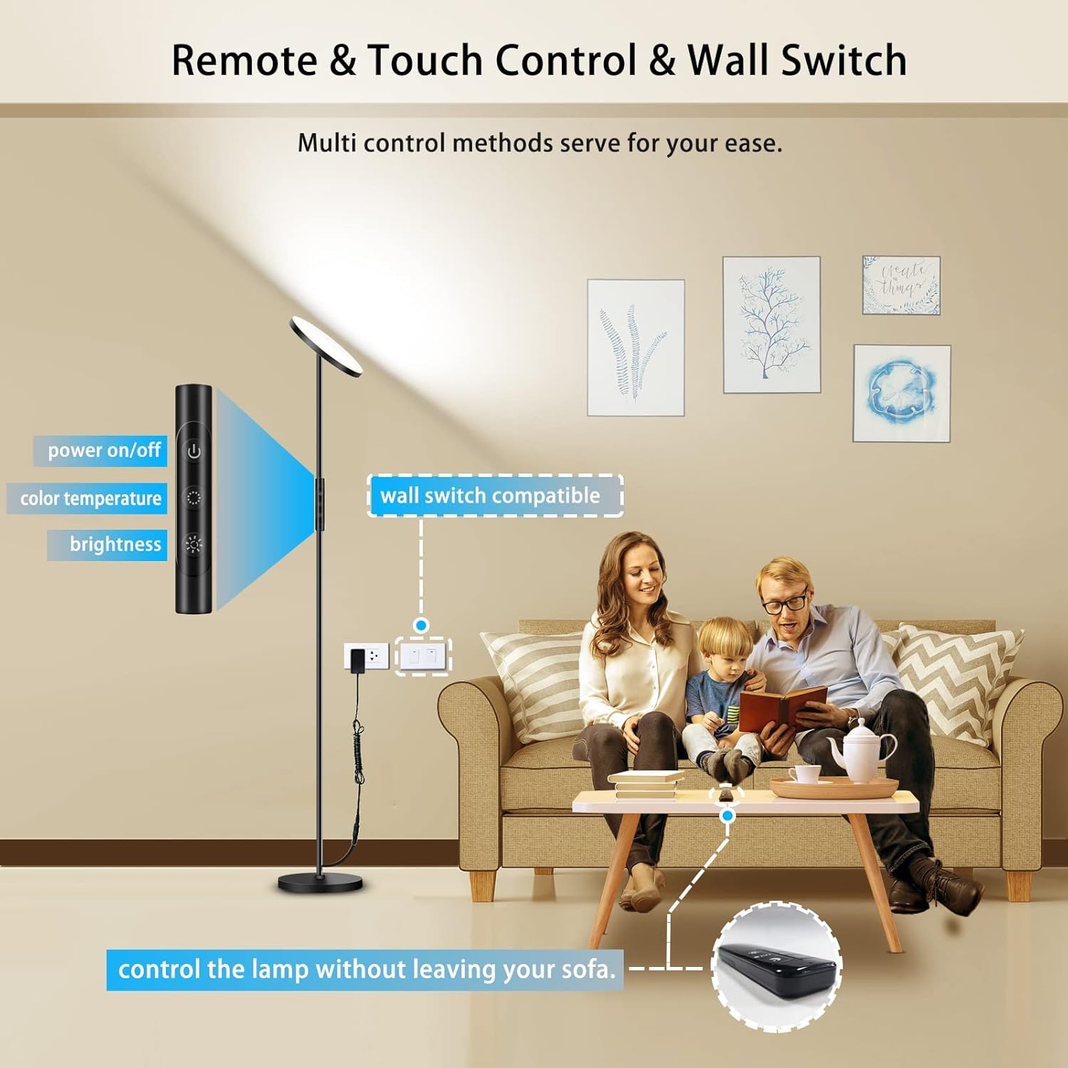 Floor Lamp, 2400LM Super Bright LED Lamps for Living Room 250W Equivalent, Tall Standing Lamp with Remote/Touch Control, Torchiere Bedroom Lamp with 2700K-6500K Stepless Dimmable for Modern Room Decor - Grand Goldman