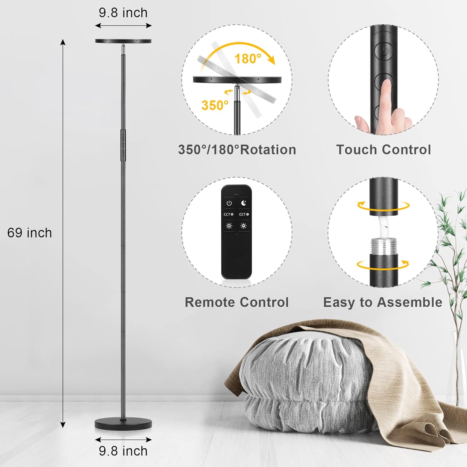 Floor Lamp, 2400LM Super Bright LED Lamps for Living Room 250W Equivalent, Tall Standing Lamp with Remote/Touch Control, Torchiere Bedroom Lamp with 2700K-6500K Stepless Dimmable for Modern Room Decor - Grand Goldman