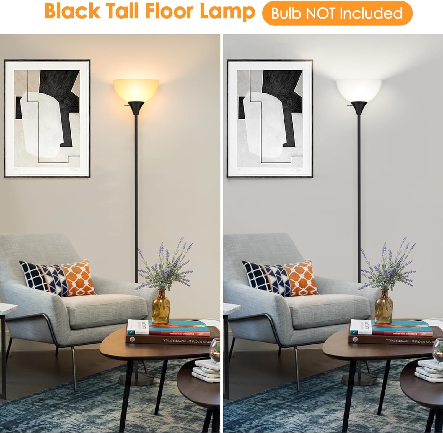 Floor Lamp, LED Standing Lamps with White Plastic Shade, Black Modern Torchiere Floor Lamp, Tall Lamps for Living Room Dorm, Bulb not Included - Grand Goldman