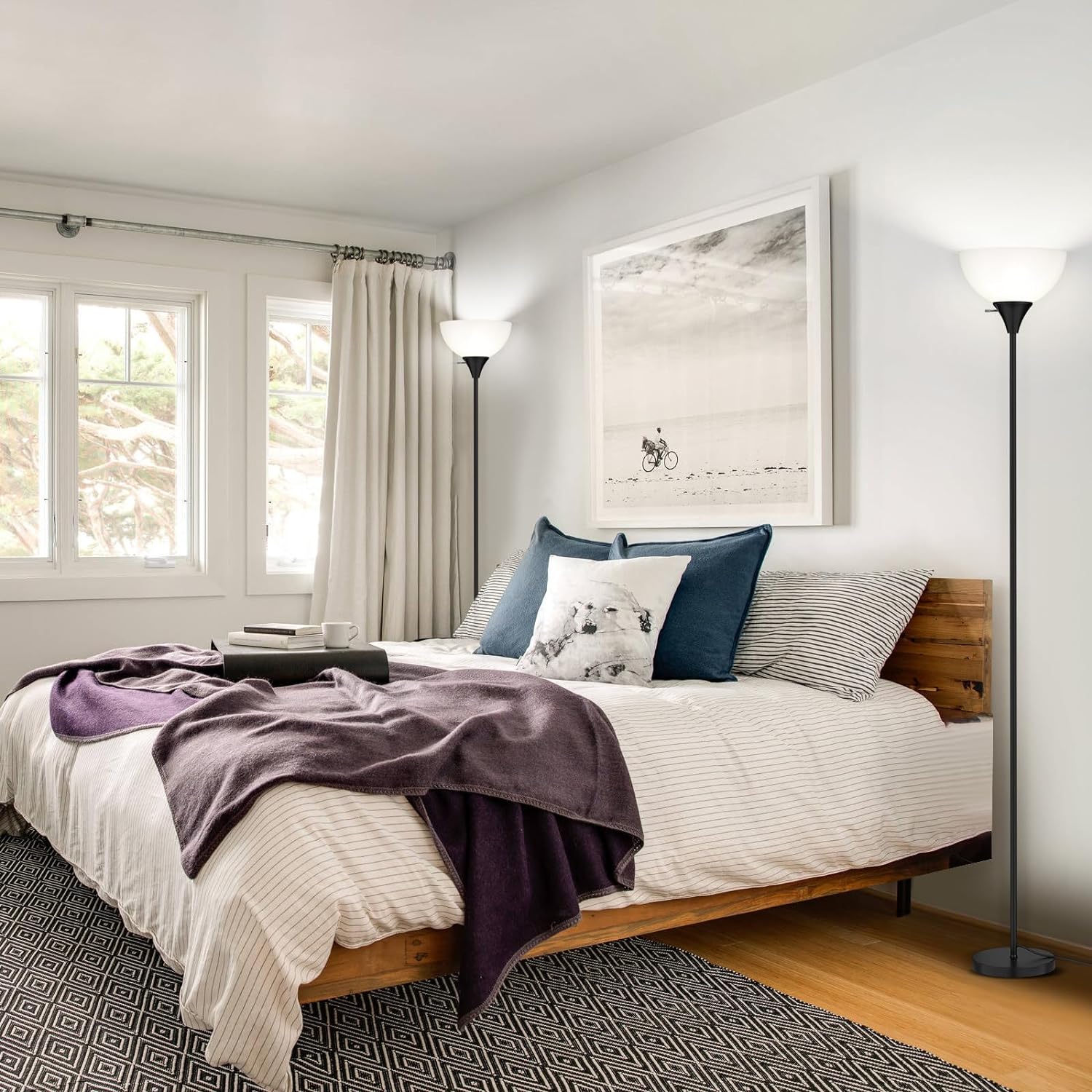 Floor Lamp, LED Standing Lamps with White Plastic Shade, Black Modern Torchiere Floor Lamp, Tall Lamps for Living Room Dorm, Bulb not Included - Grand Goldman