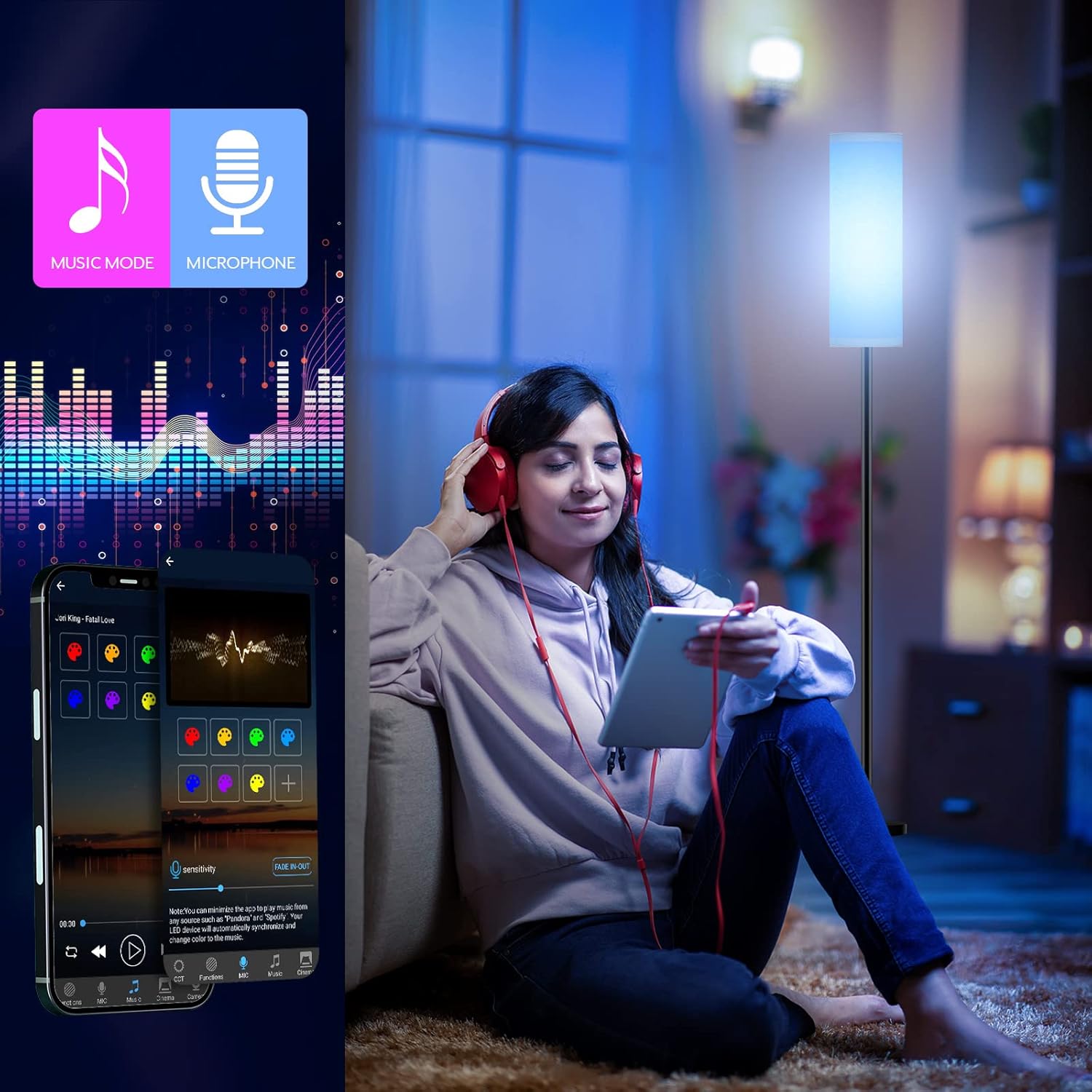 Floor Lamp for Living Room Bedroom,Modern LED Floor Lamp with Remote Control and Stepless Dimmable Colors Temperature & Brightness,Standing Lamps Tall Lamp, 9W Bulb Included(White) - Grand Goldman