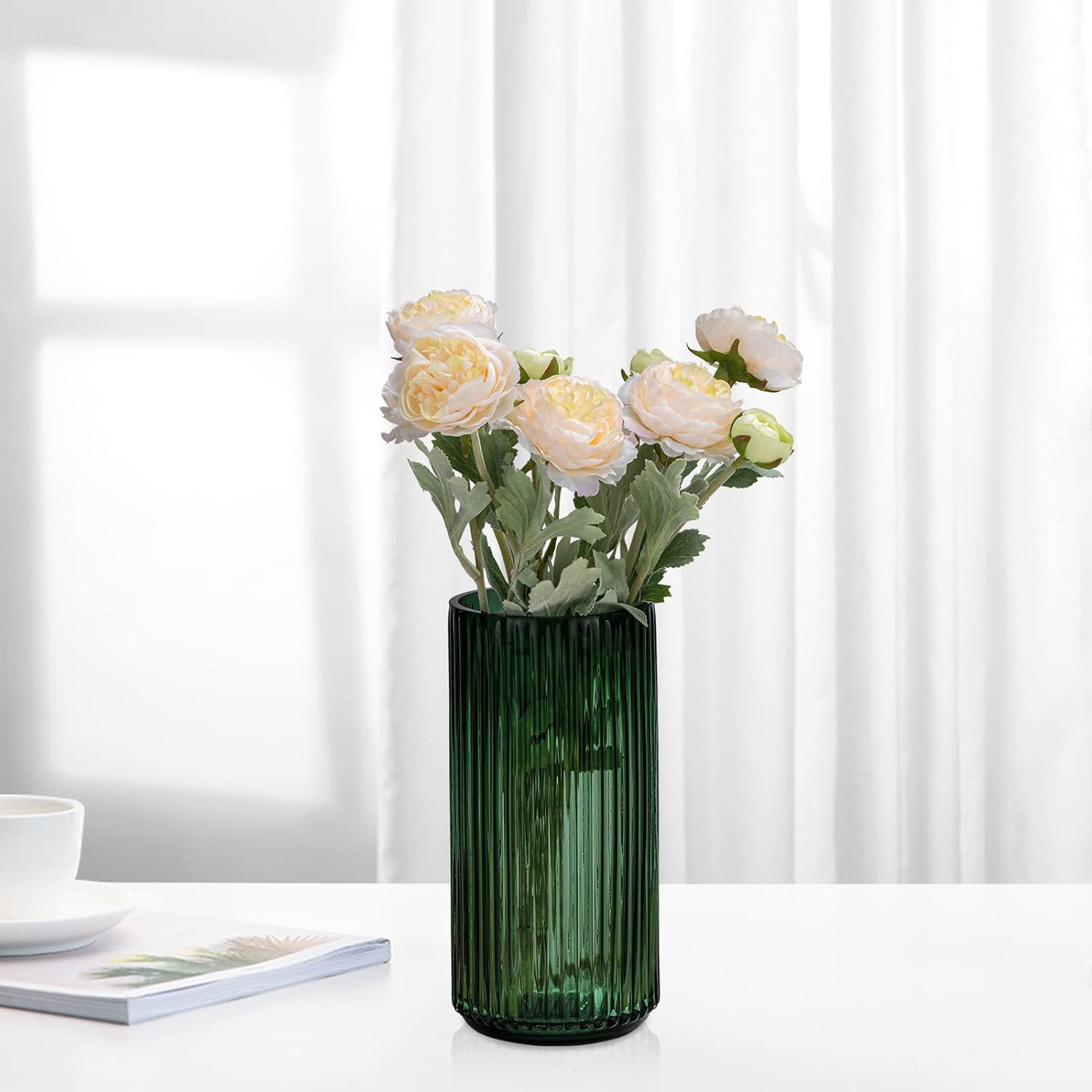 Flower Vase 7.5 inch Green Thickened Glass Vase for Bookshelf,Dinner Table,Indoor Office Desktop,Meeting Room,Bathroom,Countertop,Home Christmas Day Decoration - Grand Goldman