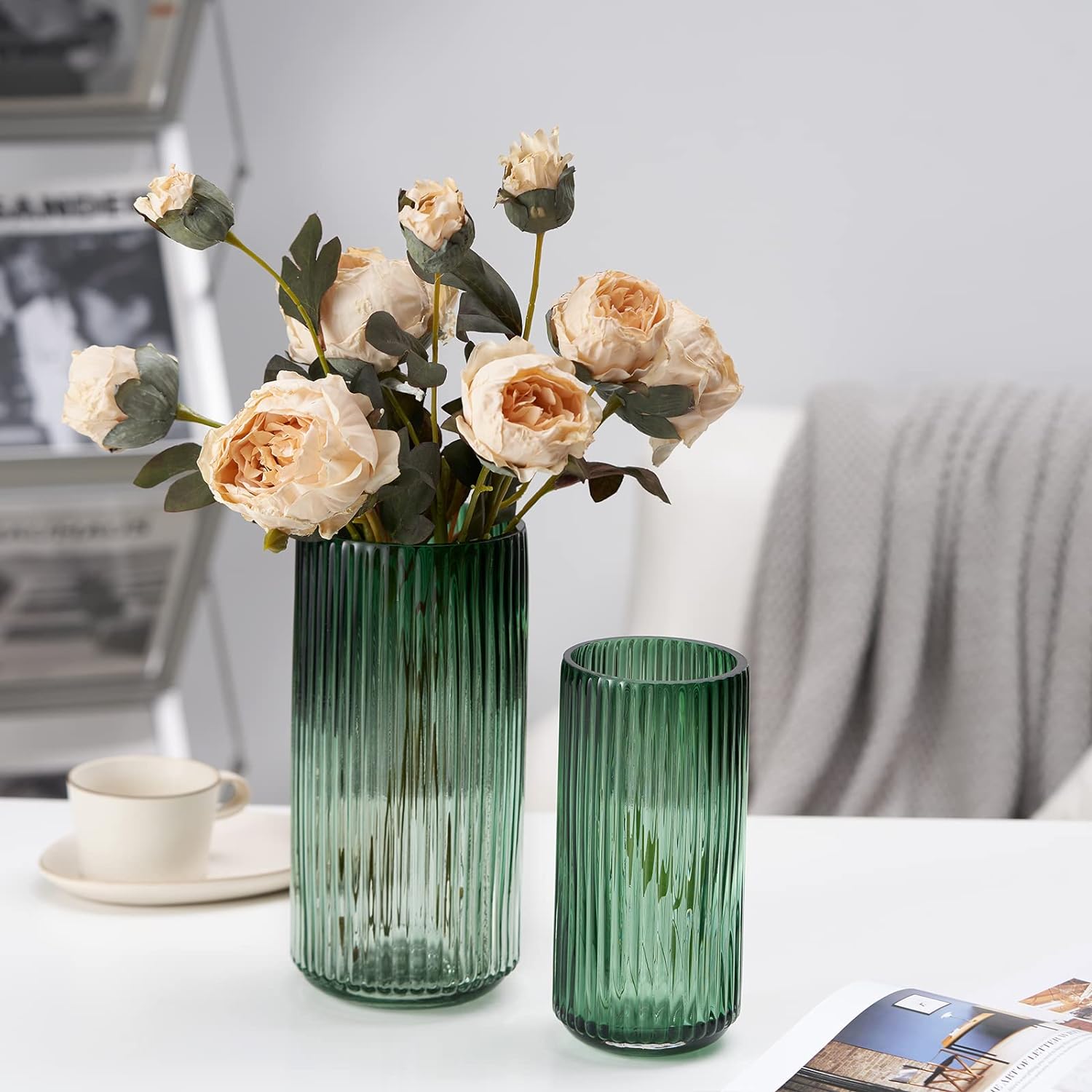 Flower Vase 7.5 inch Green Thickened Glass Vase for Bookshelf,Dinner Table,Indoor Office Desktop,Meeting Room,Bathroom,Countertop,Home Christmas Day Decoration - Grand Goldman